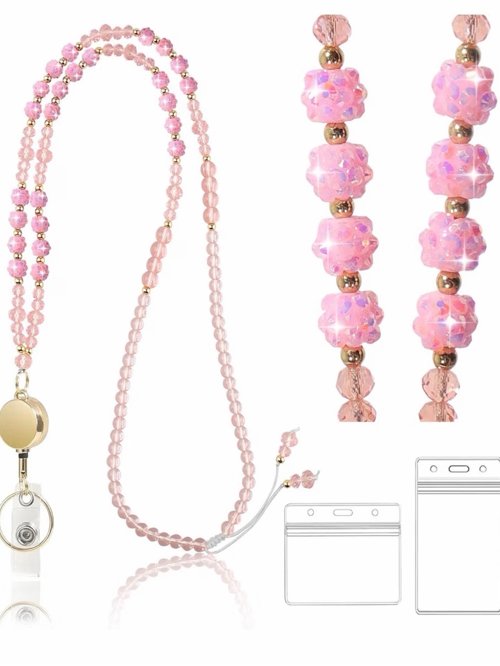 Pink Beaded Phone Lanyard with ID Badge Holder and Gold Accents
